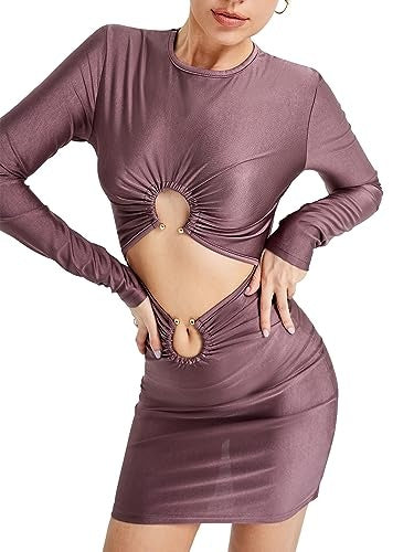 Women's Skirt Slim Fit Midriff Outfit Metal Buckle Long Sleeve Short Dress